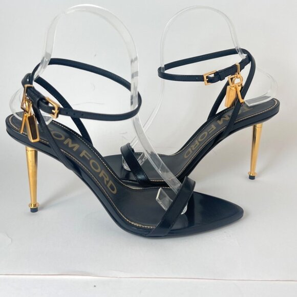 Tom Ford Padlock Naked Pointy Toe Black Leather Sandals Size 37.5 US7.5 - Picture 2 of 15